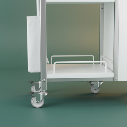 Close-up of the white cart shelves, side rails, metal joints and caster wheels
