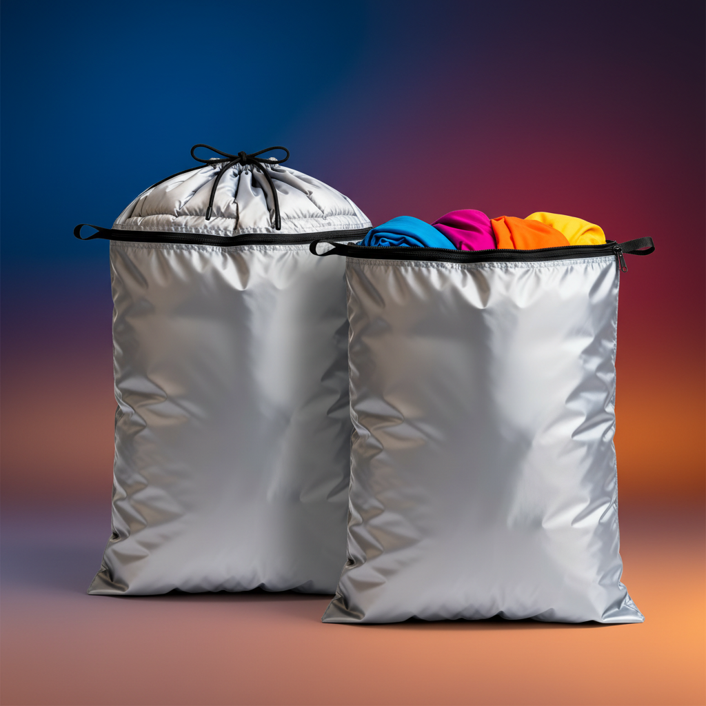 Closed and open silver-gray drawstring storage bags with colorful textiles against a vivid backdrop