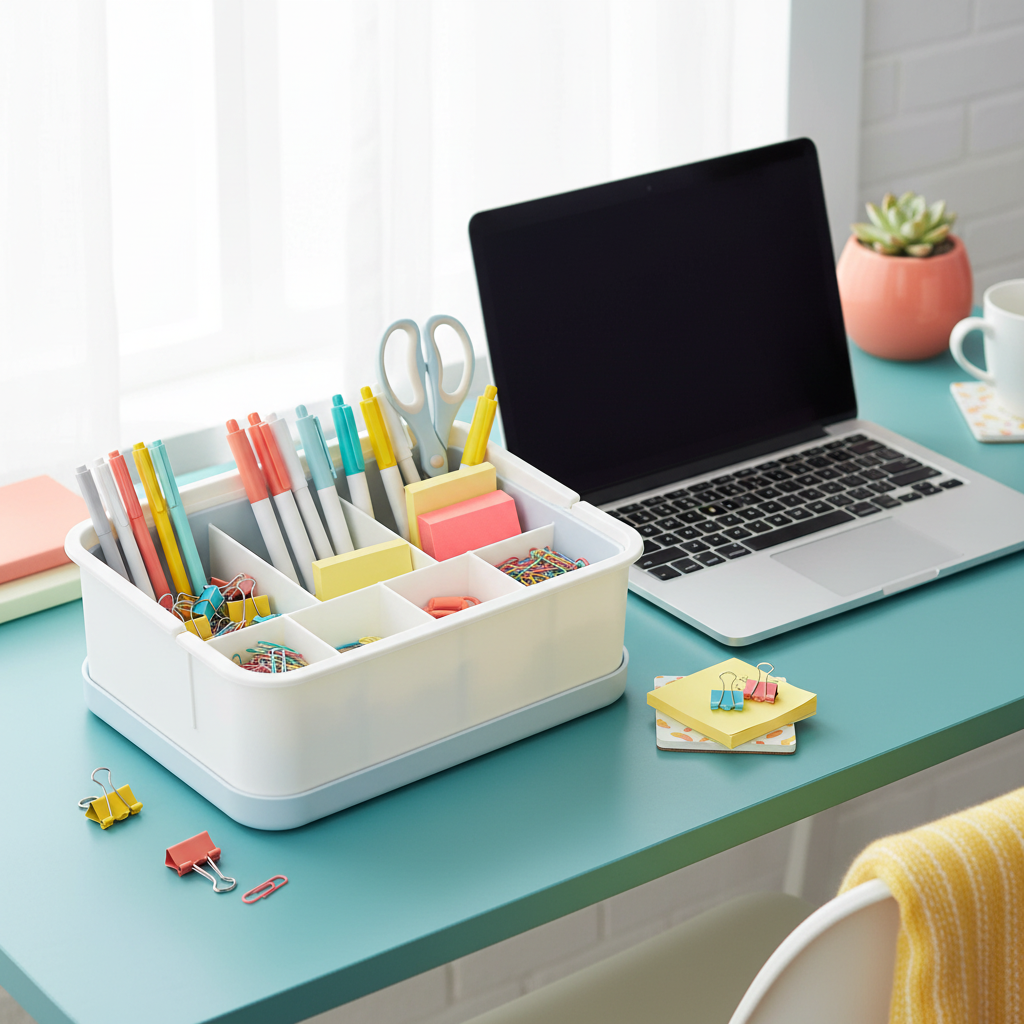 White and pale blue compartment organizer holding pens, markers and desk accessories beside a laptop