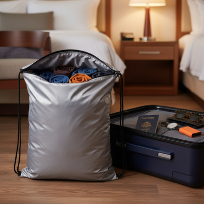 Silver drawstring storage bag filled with rolled clothing beside a suitcase and travel accessories