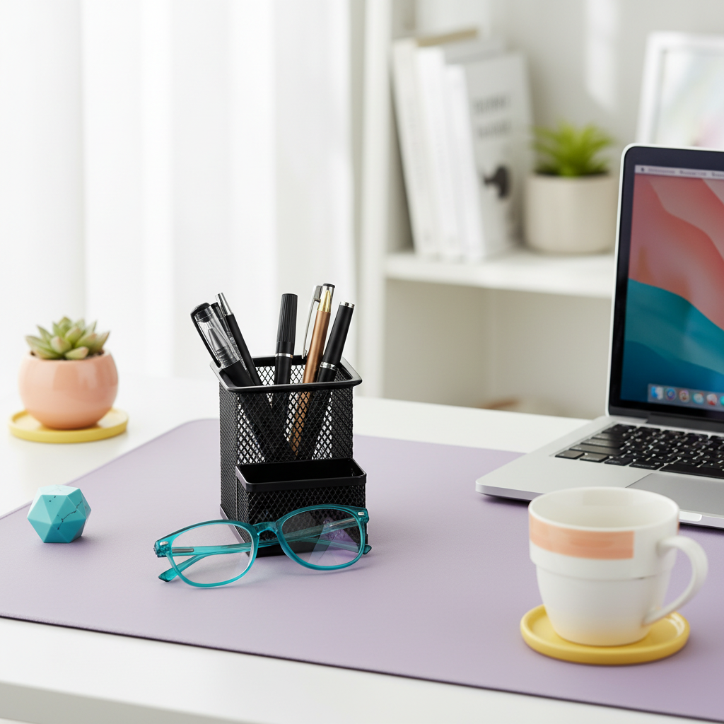 Black metal mesh organizer beside a laptop on a colorful home office desk