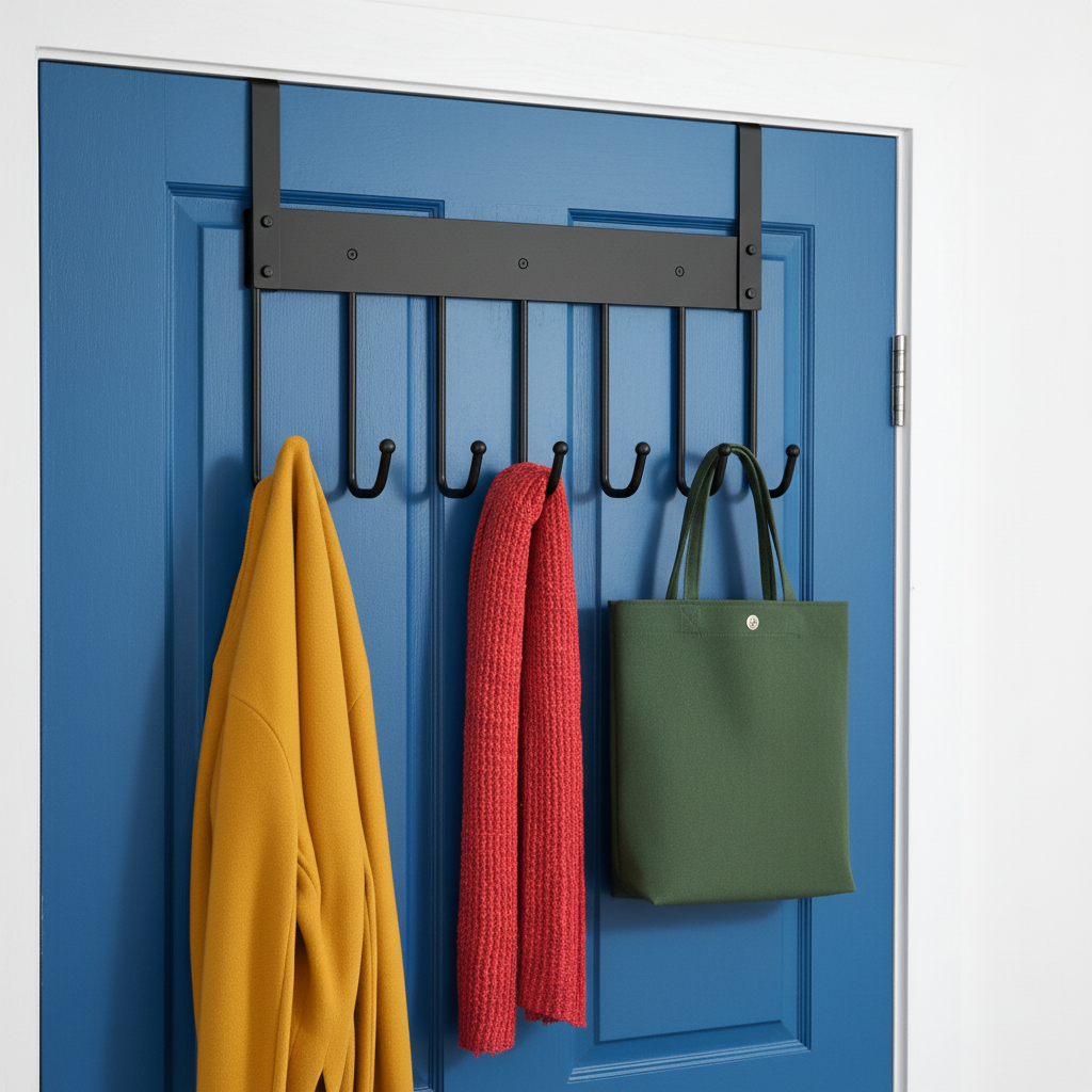 Hook rack on a cobalt blue door with colorful coats and bags