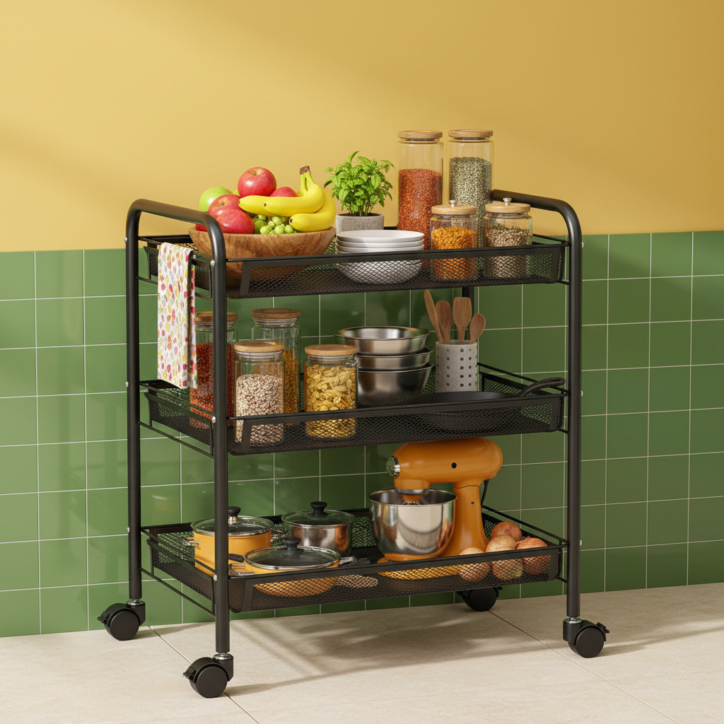 Rolling cart used as a colorful kitchen storage station