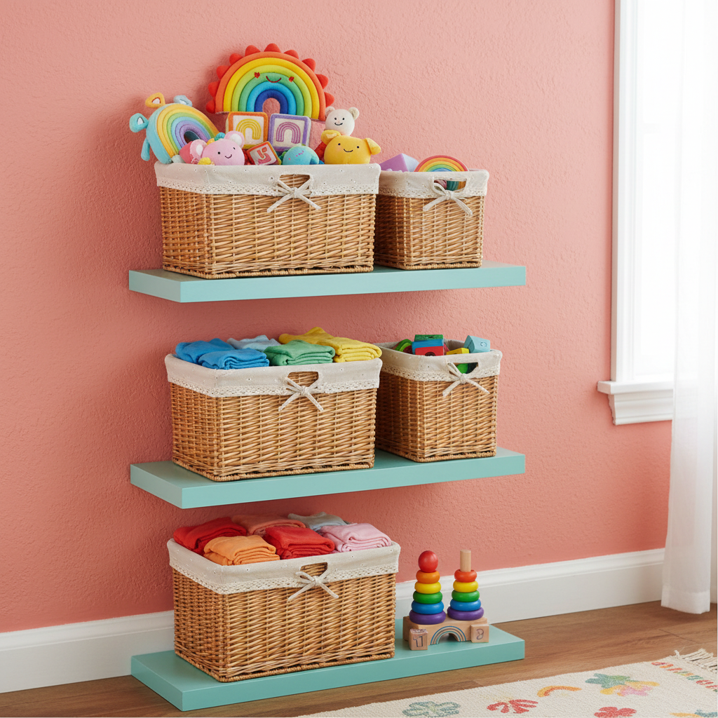 Baskets on colorful nursery shelves holding toys and clothes