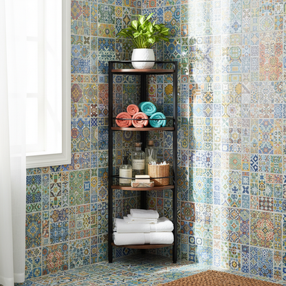 Corner shelf in a colorful bathroom with rolled towels