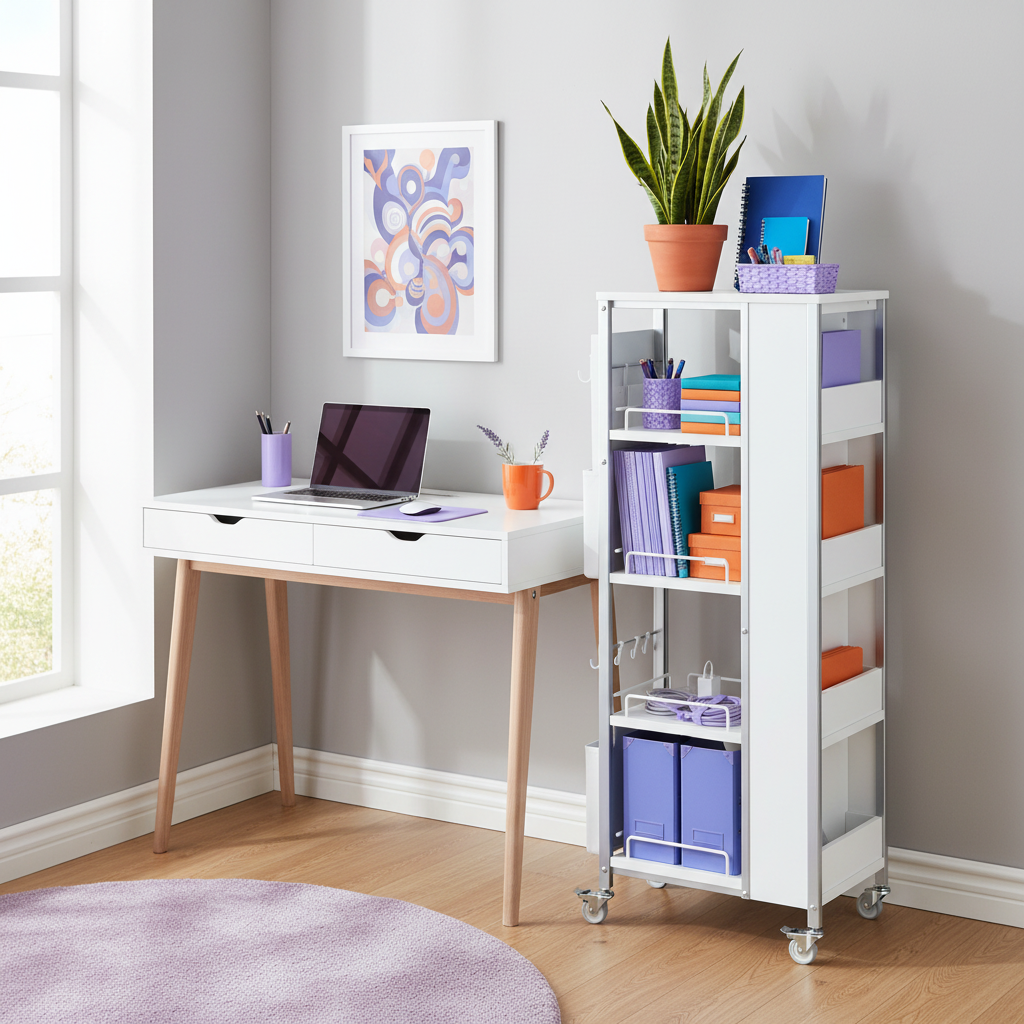 Slim white rolling cart holding notebooks, files, cables and office supplies beside a desk