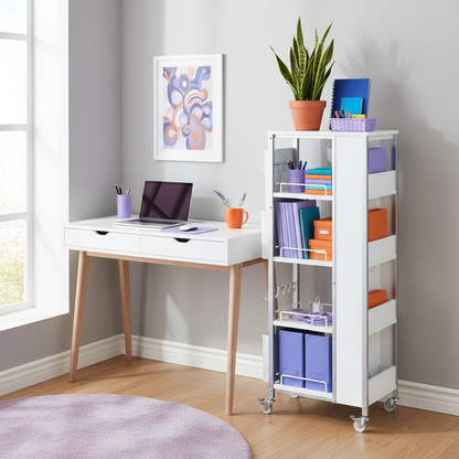 Slim white rolling cart holding notebooks, files, cables and office supplies beside a desk