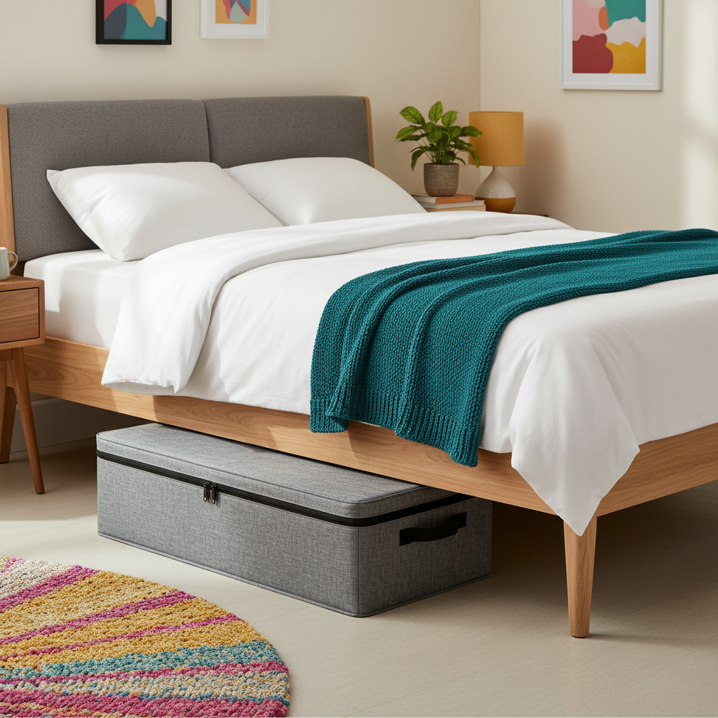 Gray fabric storage organizer positioned beneath a wood bed with white bedding and a teal throw