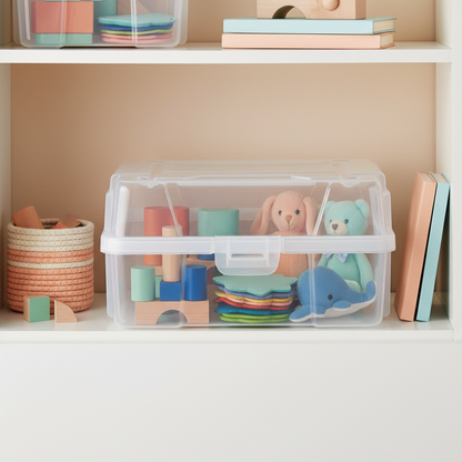 Clear storage box organizing colorful toys and soft accessories on a children room shelf