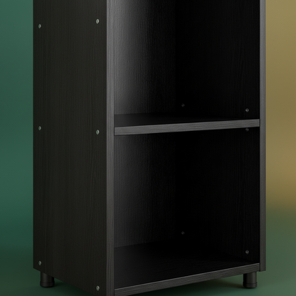 Close-up of the black wood-look surface, side panels, shelf edges, fasteners and feet