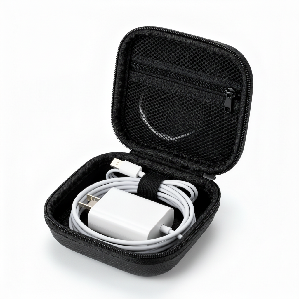 Black compact electronics organizer case open with charger and cable on a white background
