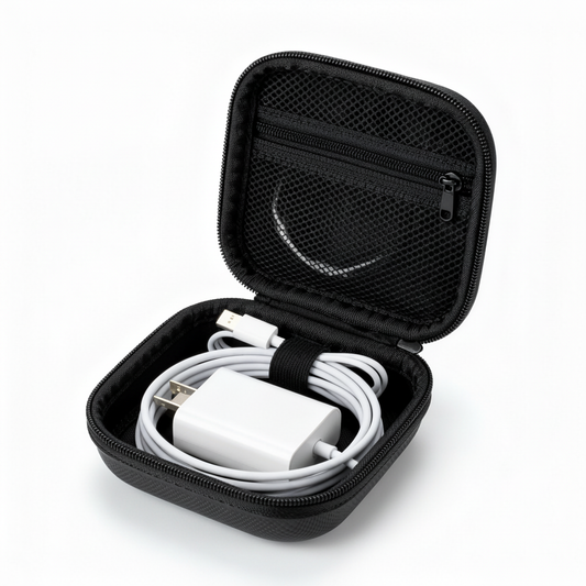 Black compact electronics organizer case open with charger and cable on a white background