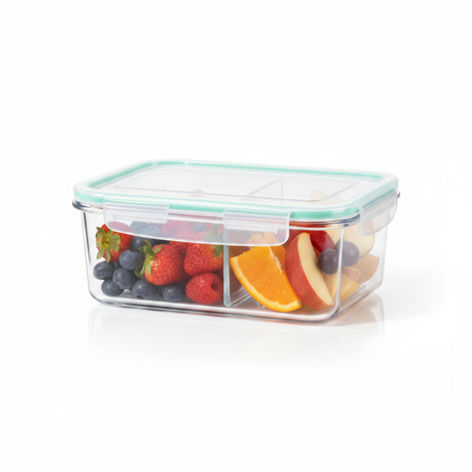 Clear divided glass food storage container with mint-green seal on a white background
