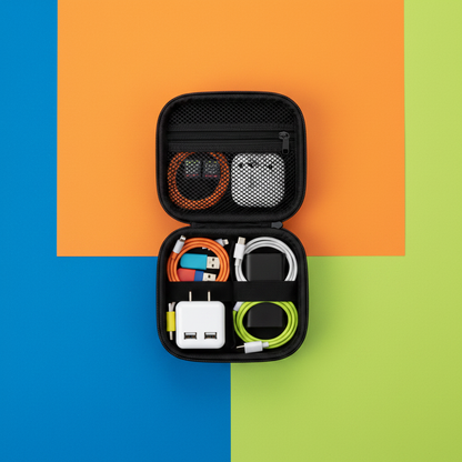 Open black electronics organizer case arranged with colorful cables and adapters in an overhead flat lay