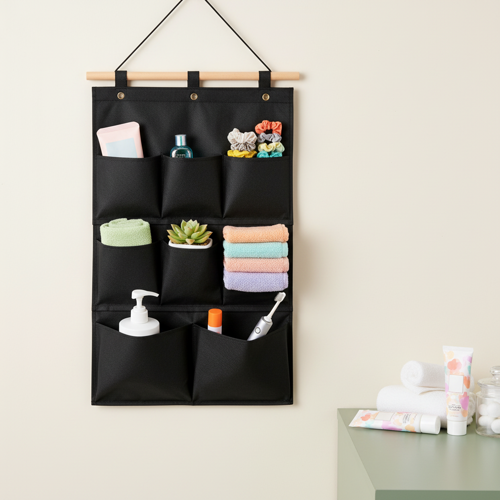 Black hanging wall organizer with eight pockets in a colorful bathroom setting