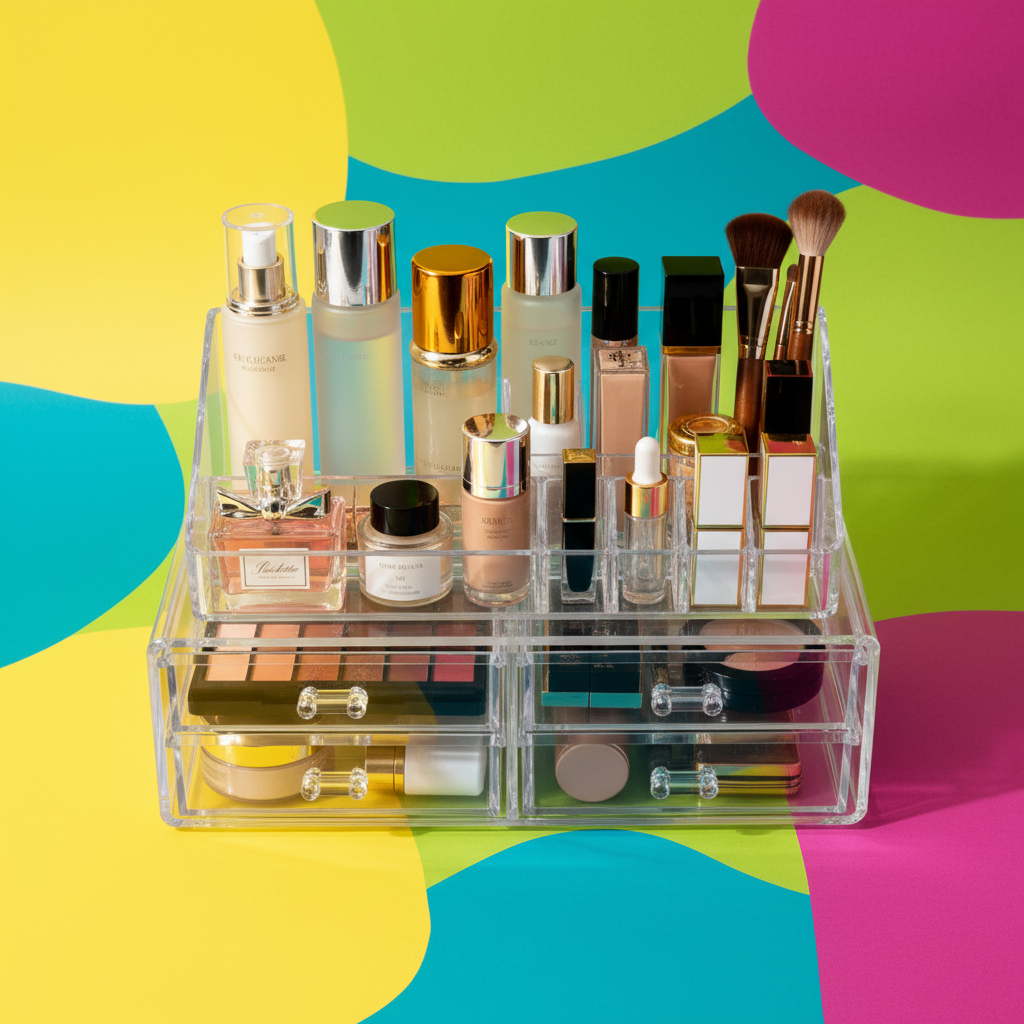 Top-down flat lay of sorted lipsticks, palettes and brushes