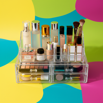 Top-down flat lay of sorted lipsticks, palettes and brushes