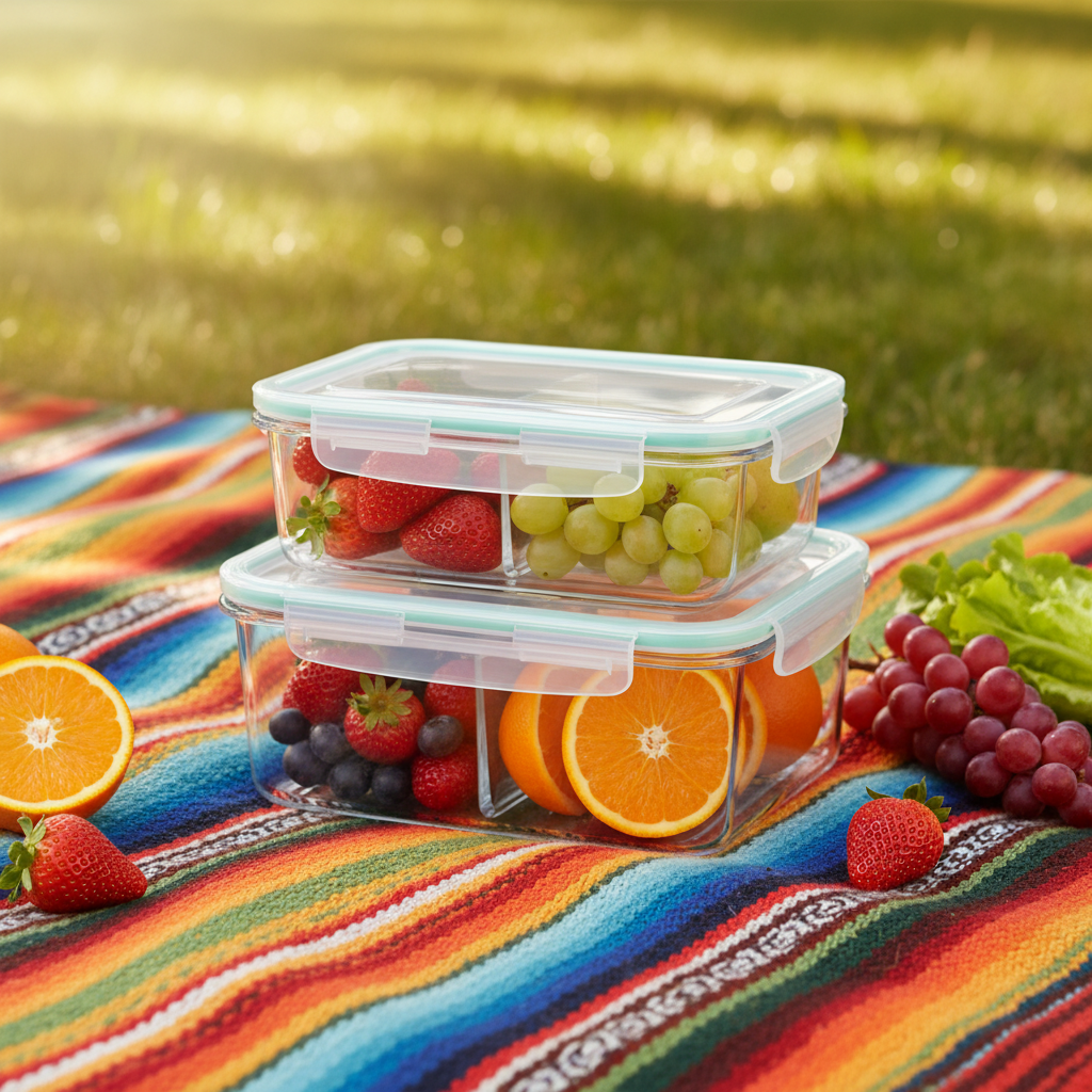 Divided glass food storage container with fruit on a colorful picnic blanket