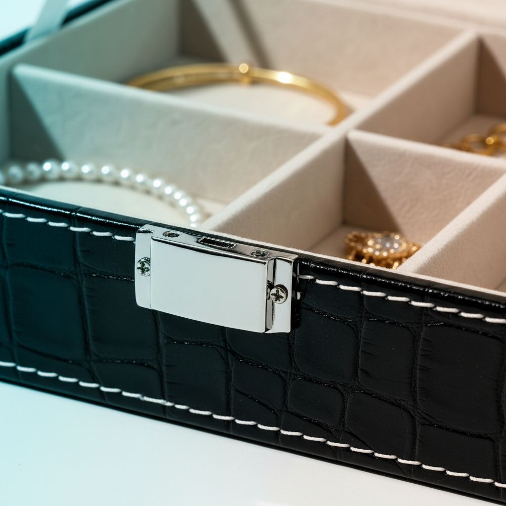 Close-up of the lock clasp and white contrast stitching
