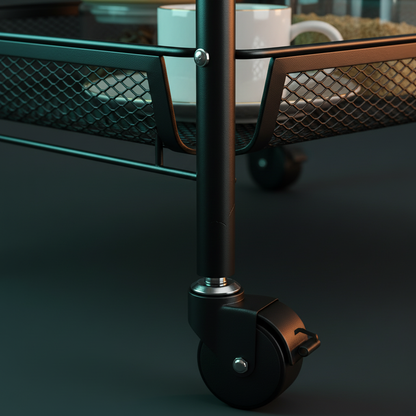 Macro of the mesh basket weave and swivel caster wheel