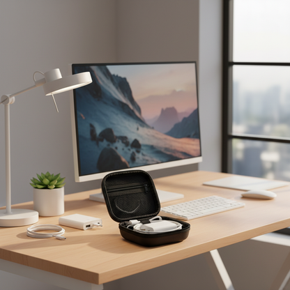 Black electronics organizer pouch open on a colorful modern home office desk