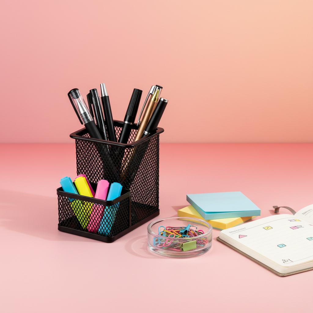 Black mesh organizer sorting writing tools beside colorful desk stationery