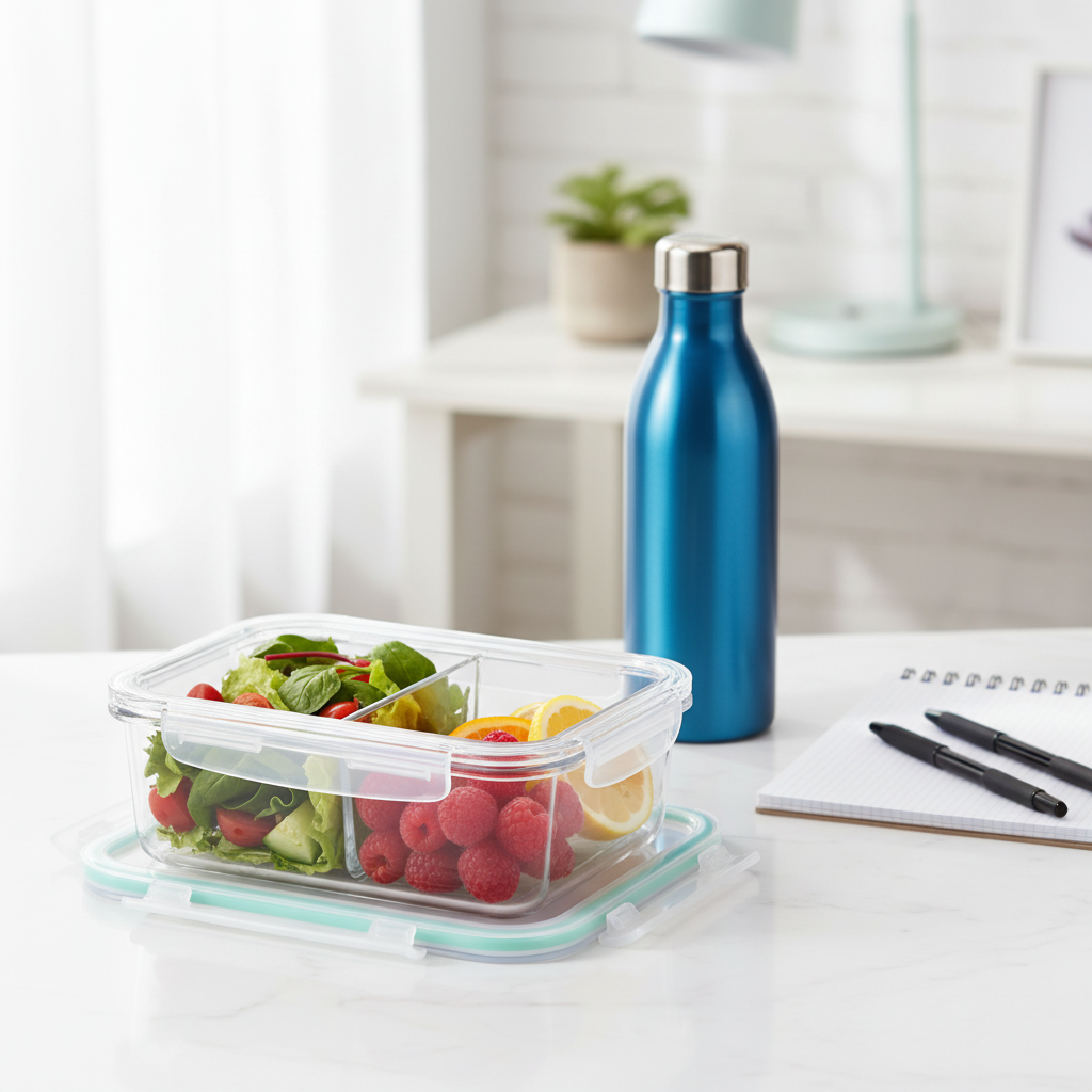 Clear divided glass food container with salad and berries on a bright office desk
