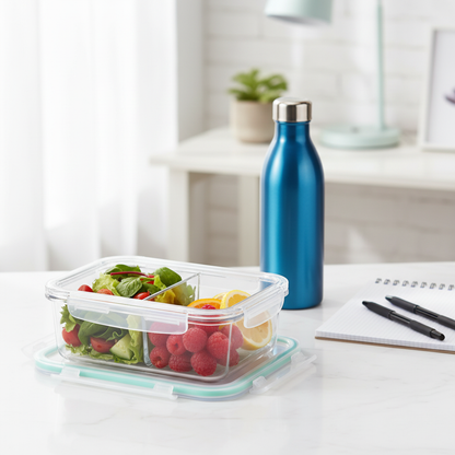 Clear divided glass food container with salad and berries on a bright office desk