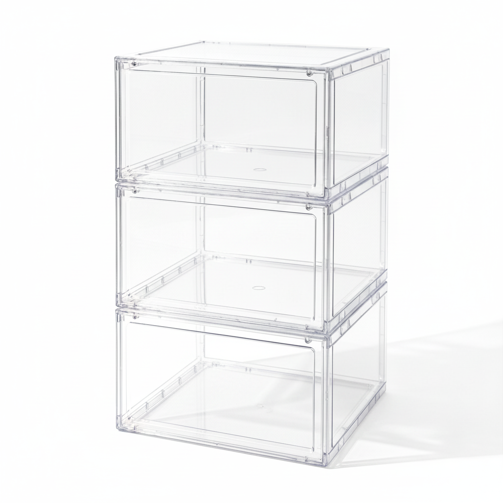 Three empty stacked clear shoe boxes on a white background