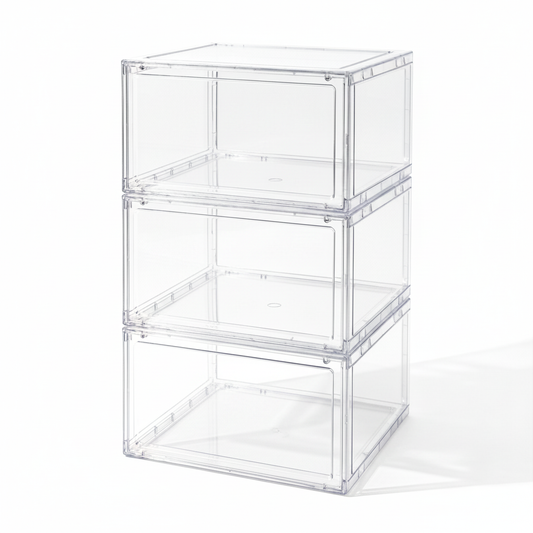 Three empty stacked clear shoe boxes on a white background