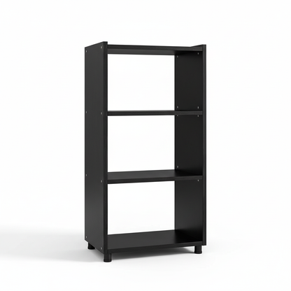 Empty tall black open storage shelf with four levels on a pure white background