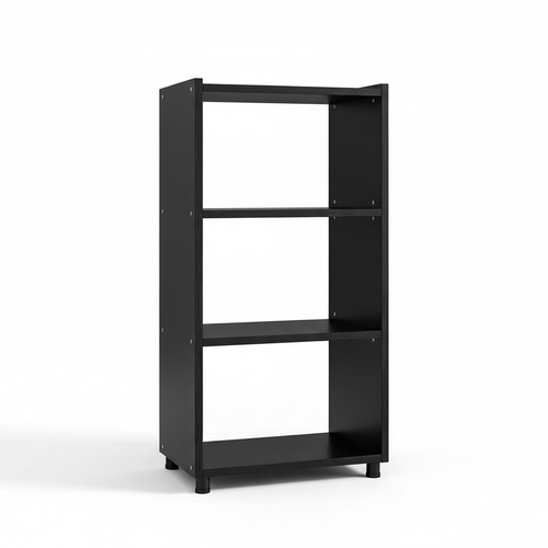 Empty tall black open storage shelf with four levels on a pure white background