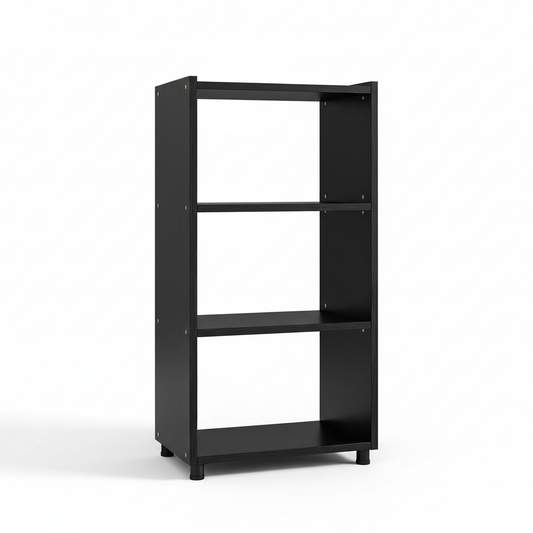 Empty tall black open storage shelf with four levels on a pure white background