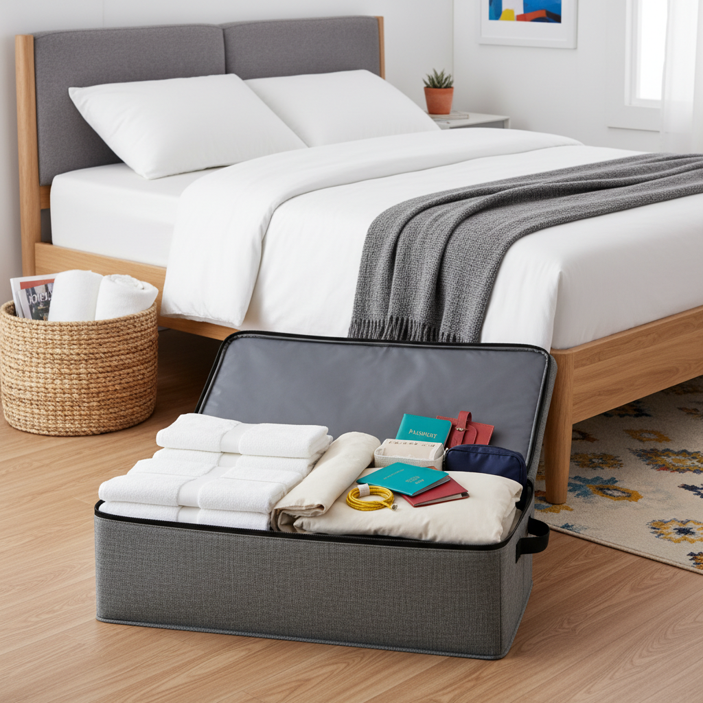 Gray fabric storage organizer filled with towels, bedding, and colorful travel accessories