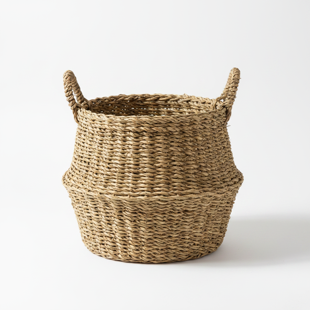 Empty handwoven seagrass basket on a white background