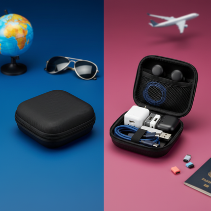 Closed and open black zippered electronics organizer cases against a vivid blue and magenta backdrop