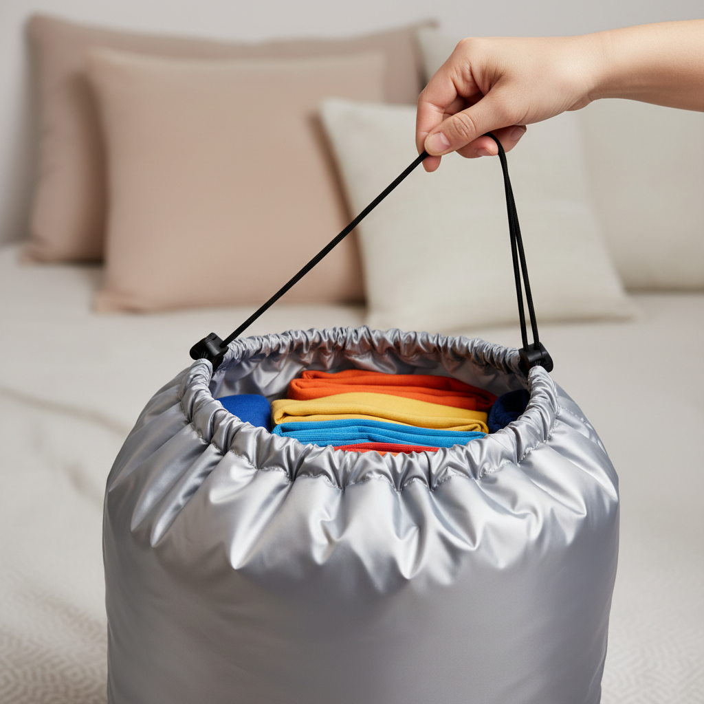 Hand tightening the black drawstring on a silver-gray storage bag filled with clothing