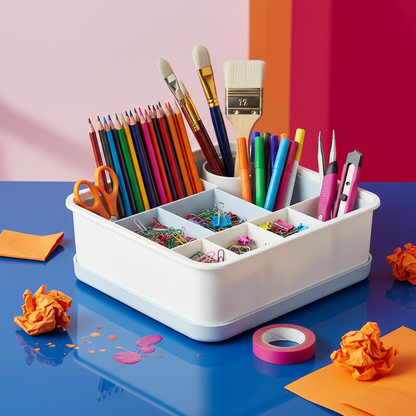 White and pale blue compartment organizer holding colored pencils, brushes and craft tools
