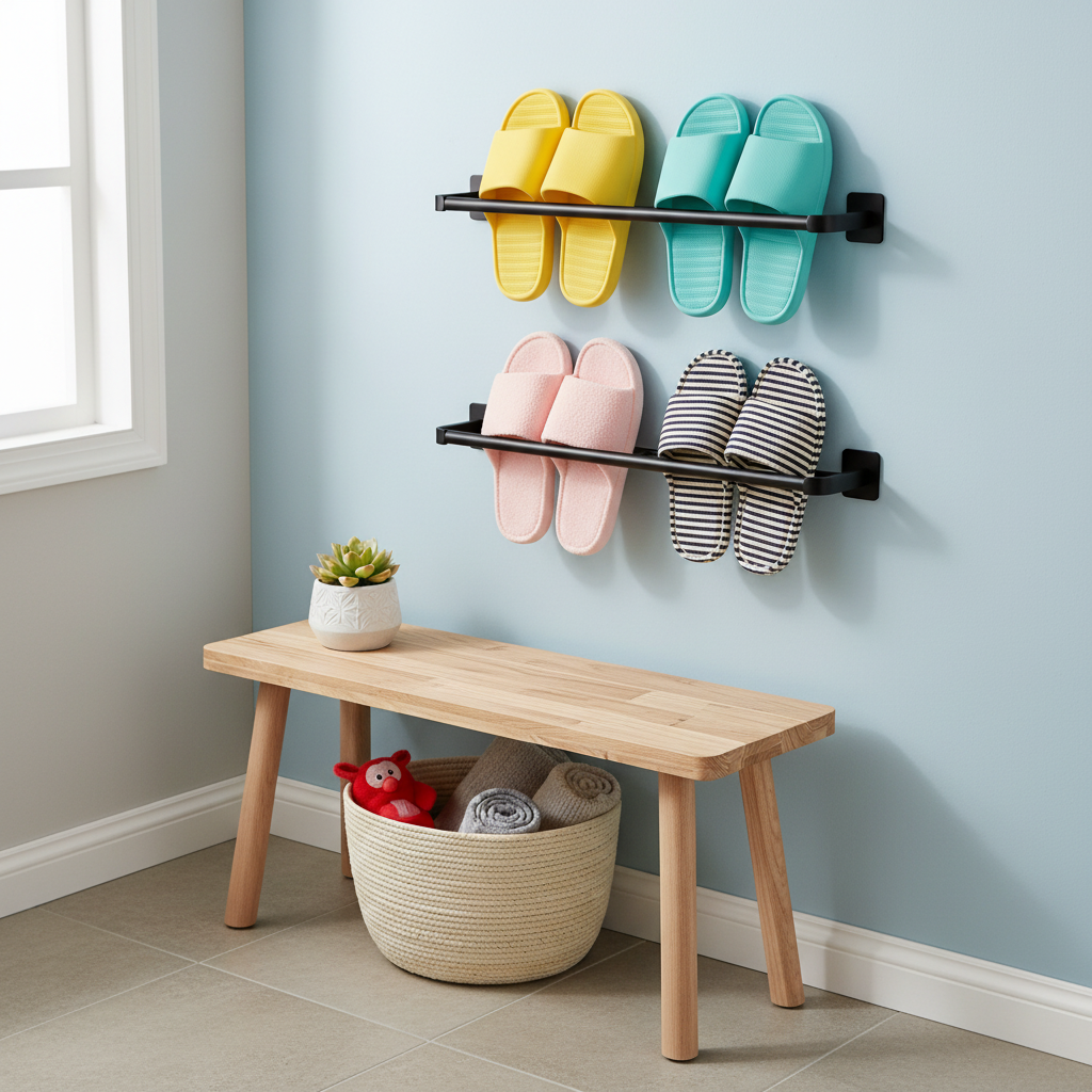 Black two-tier wall-mounted slipper rack holding colorful indoor slippers in a family entryway