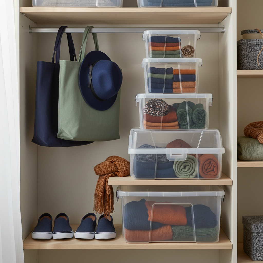 Clear storage boxes organizing seasonal accessories and folded fabric items in a compact closet