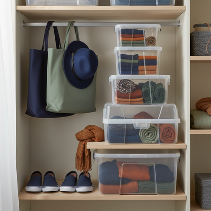Clear storage boxes organizing seasonal accessories and folded fabric items in a compact closet