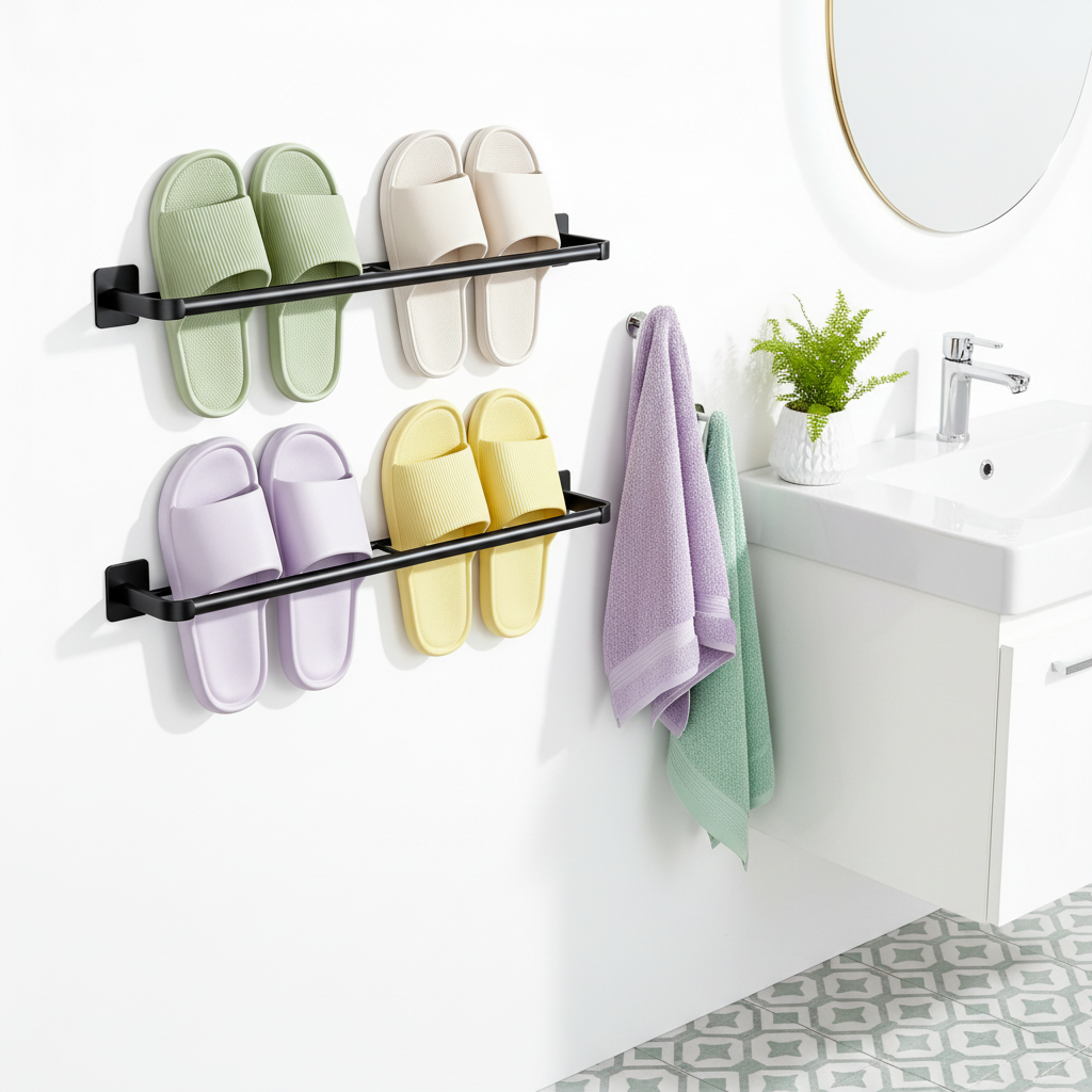 Black wall-mounted slipper rack holding fresh slippers near towels and a bathroom vanity