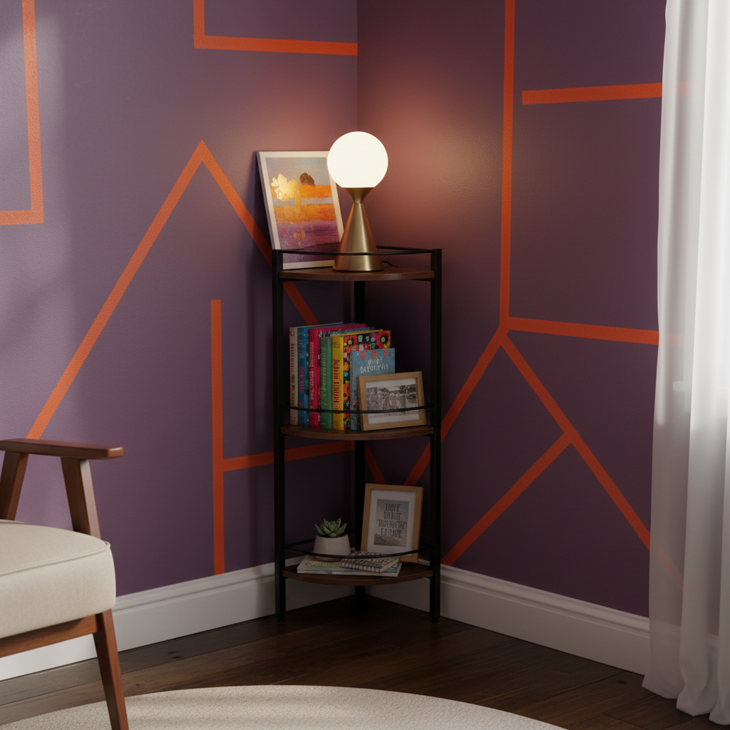 Corner shelf in a home office nook with books and a lamp