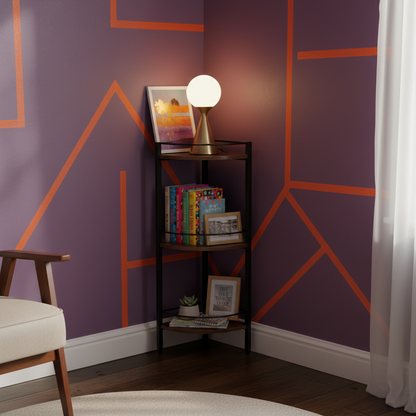 Corner shelf in a home office nook with books and a lamp