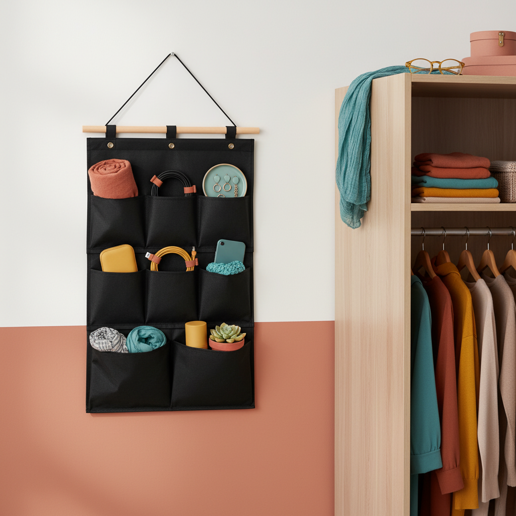 Black hanging wall organizer holding accessories and cables beside a bedroom wardrobe