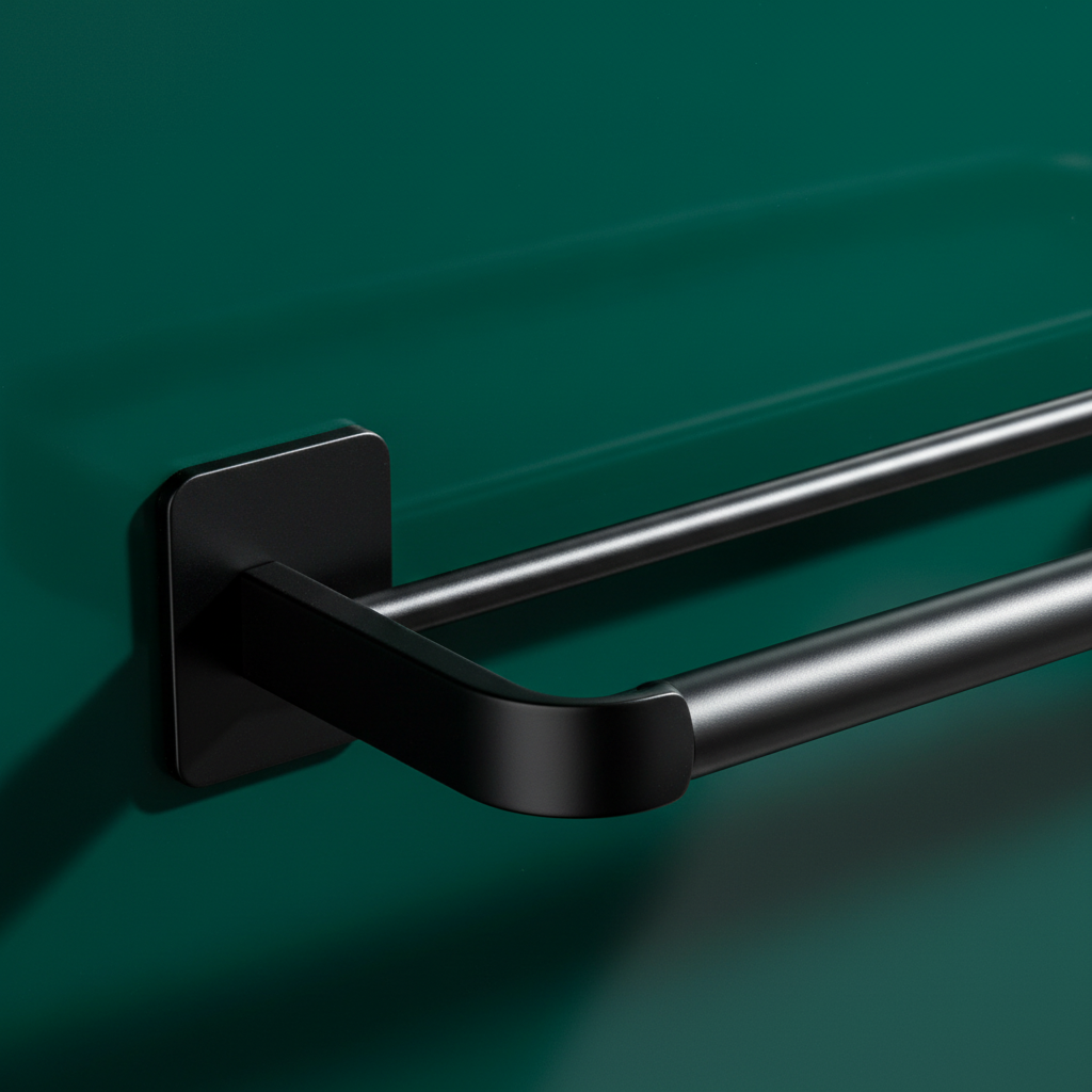 Close-up detail of the black rails, side brackets, wall plates and two storage levels
