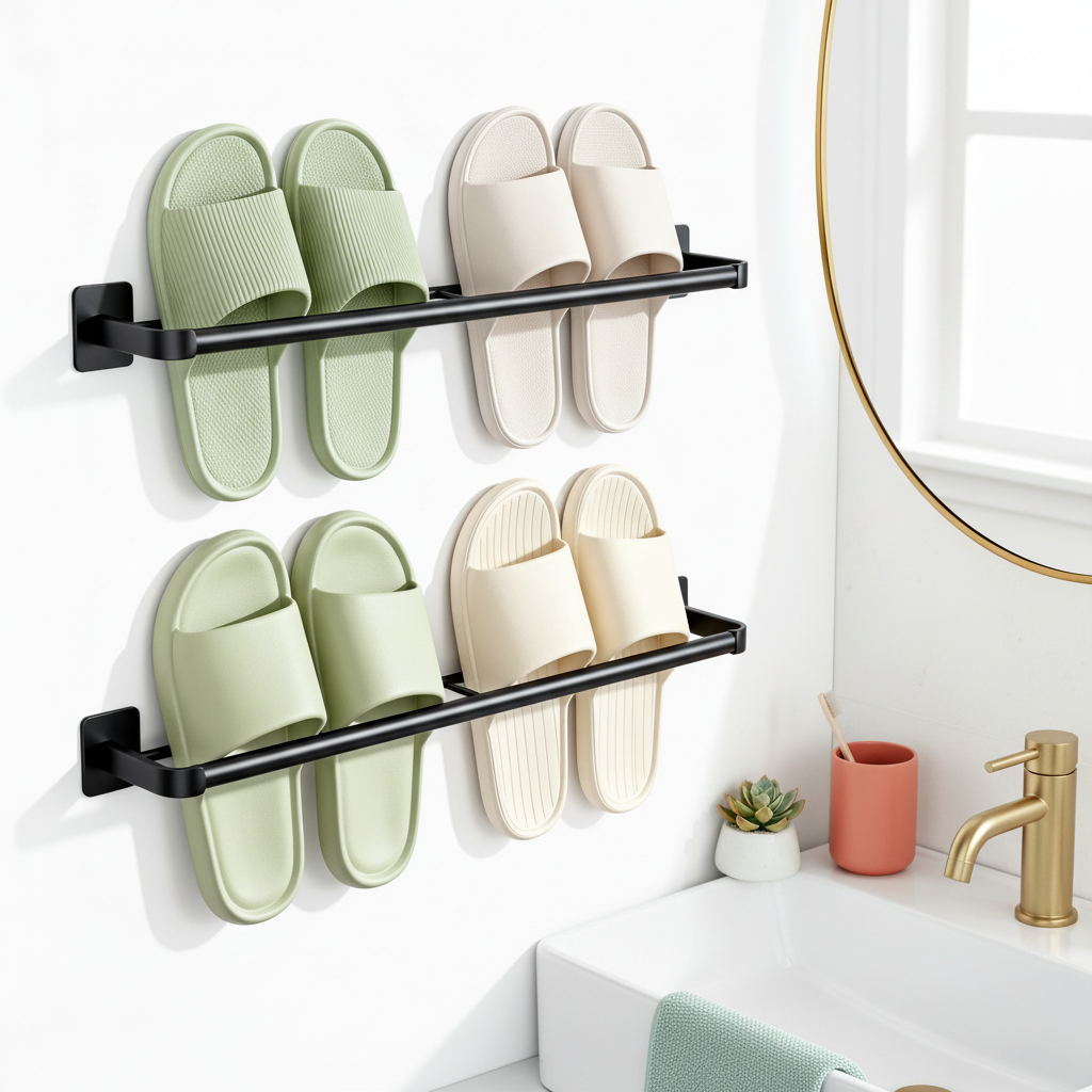 Black two-tier wall-mounted slipper rack holding pastel slippers in a bright bathroom