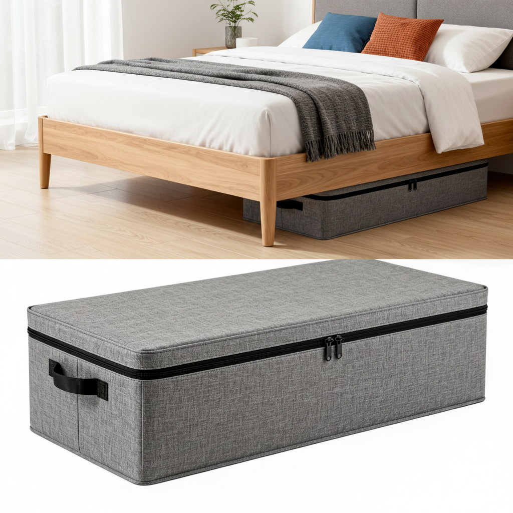 Gray under-bed storage box sliding beneath a modern light wood bed in a bright bedroom