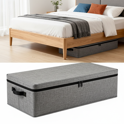 Gray under-bed storage box sliding beneath a modern light wood bed in a bright bedroom