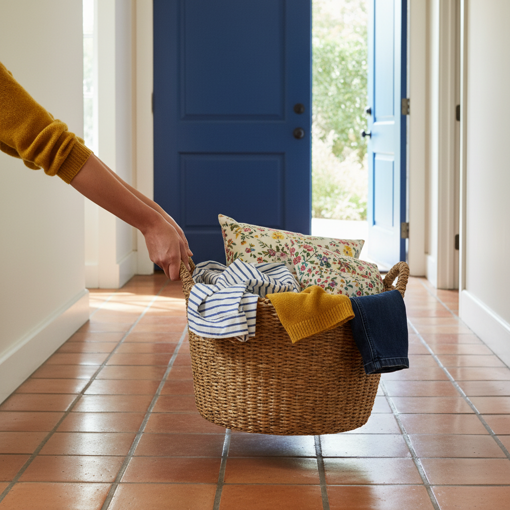 Basket carried by both loop handles loaded with laundry
